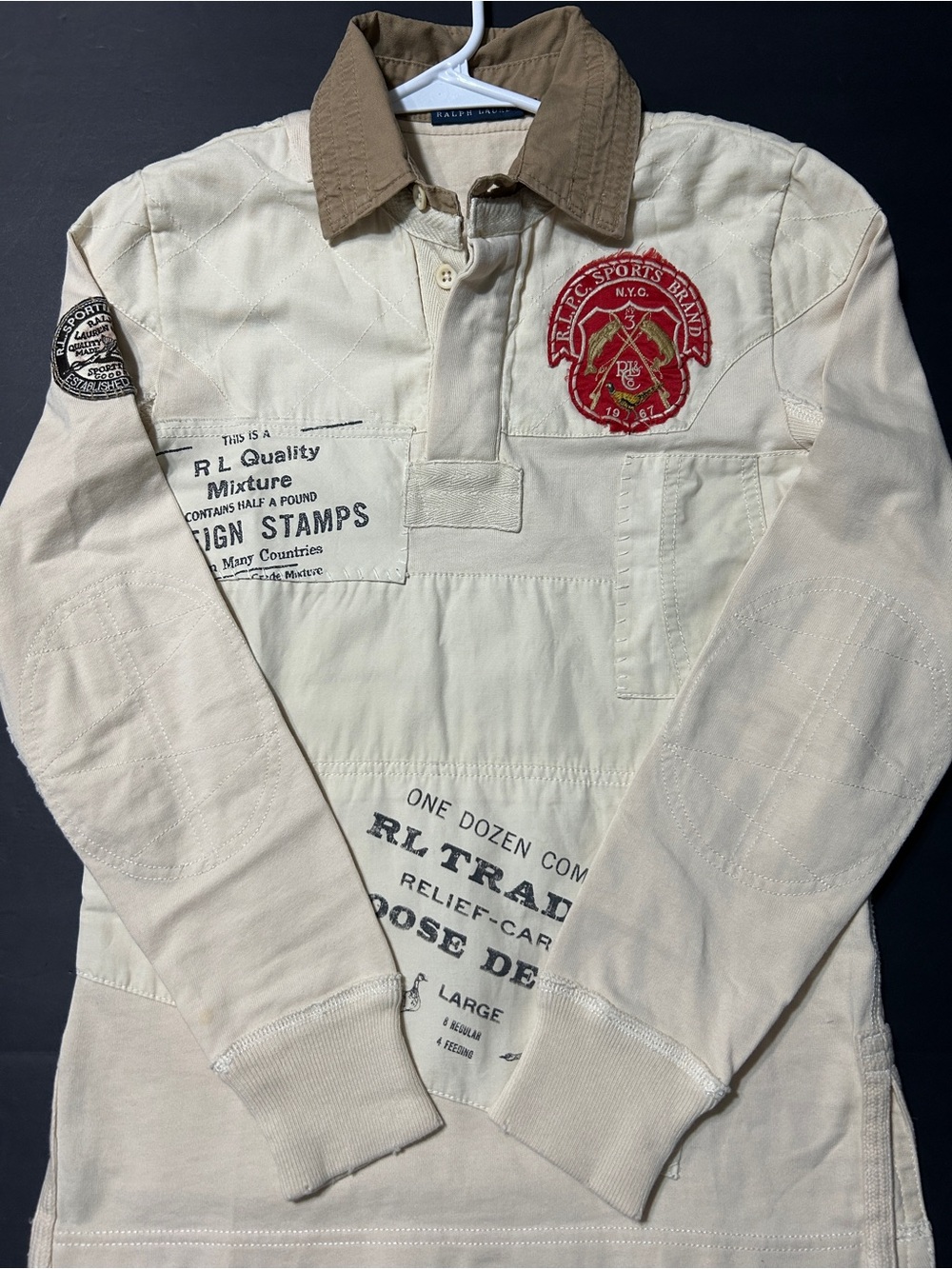 Rare Polo Ralph Lauren Vintage Distressed
Patchwork Rugby Shirt Cream Women's M